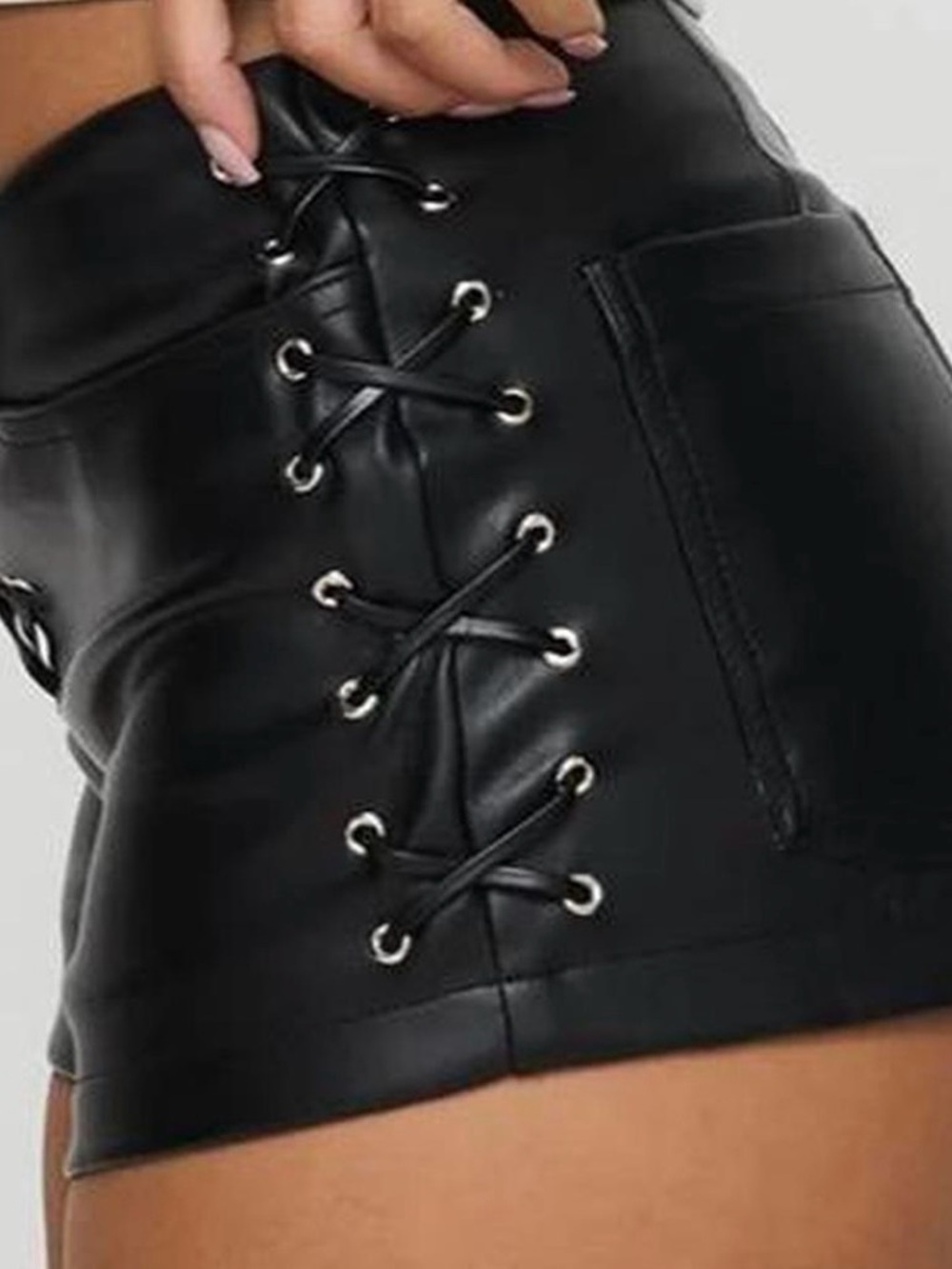 Princess Polly Black Faux Leather Lace-Up shorts